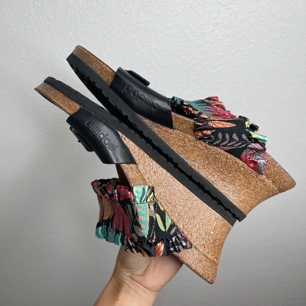Papillio Birkenstock Black Tropical Floral Ruffle Cork Wedge Sandals Womens 38